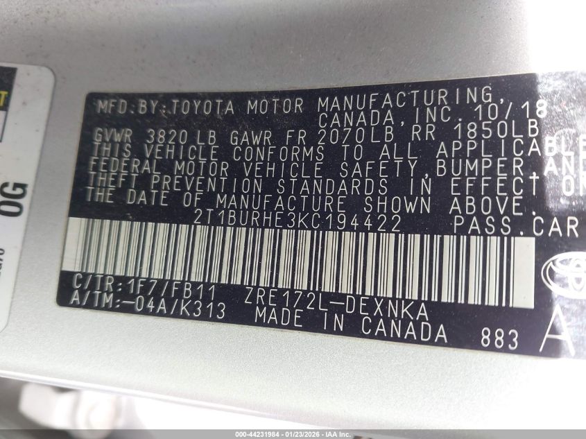 2019 Toyota Corolla Le VIN: 2T1BURHE3KC194422 Lot: 44231984