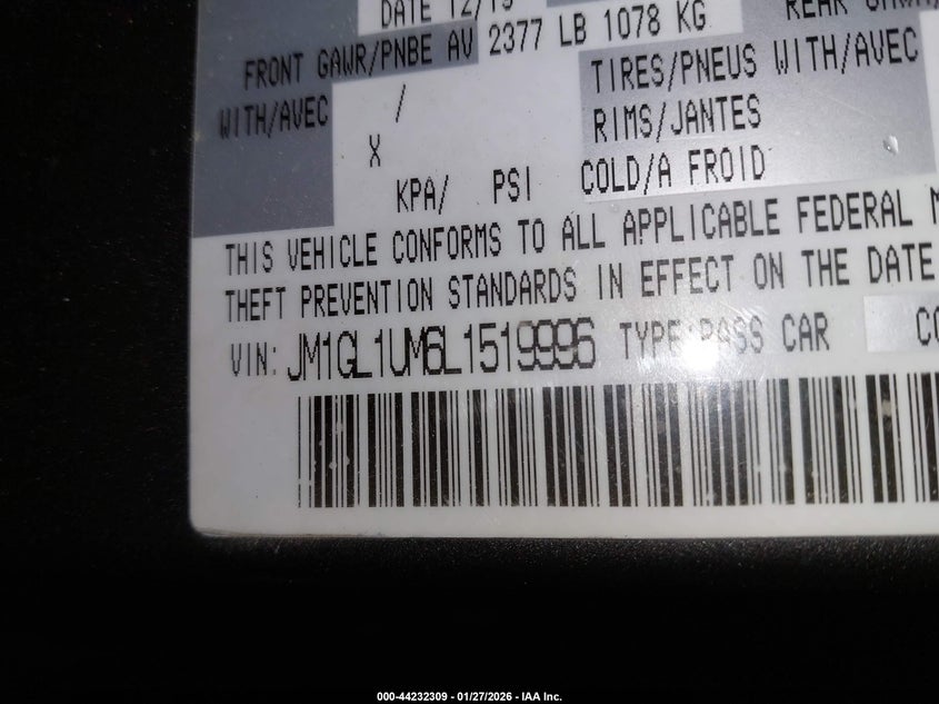 2020 Mazda Mazda6 Sport VIN: JM1GL1UM6L1519996 Lot: 44232309