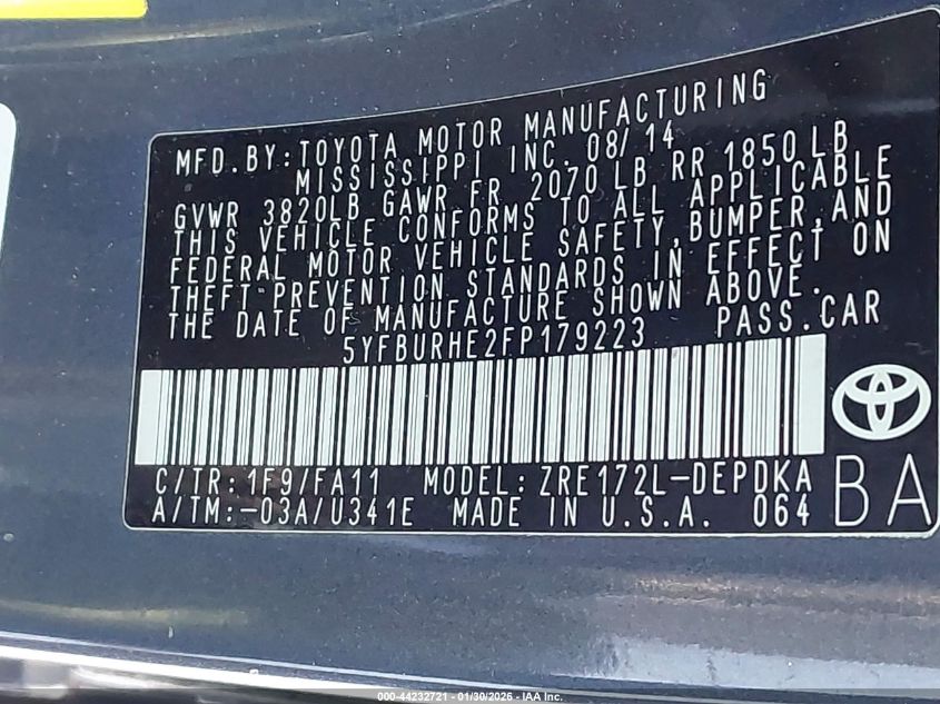 2015 Toyota Corolla L VIN: 5YFBURHE2FP179223 Lot: 44232721