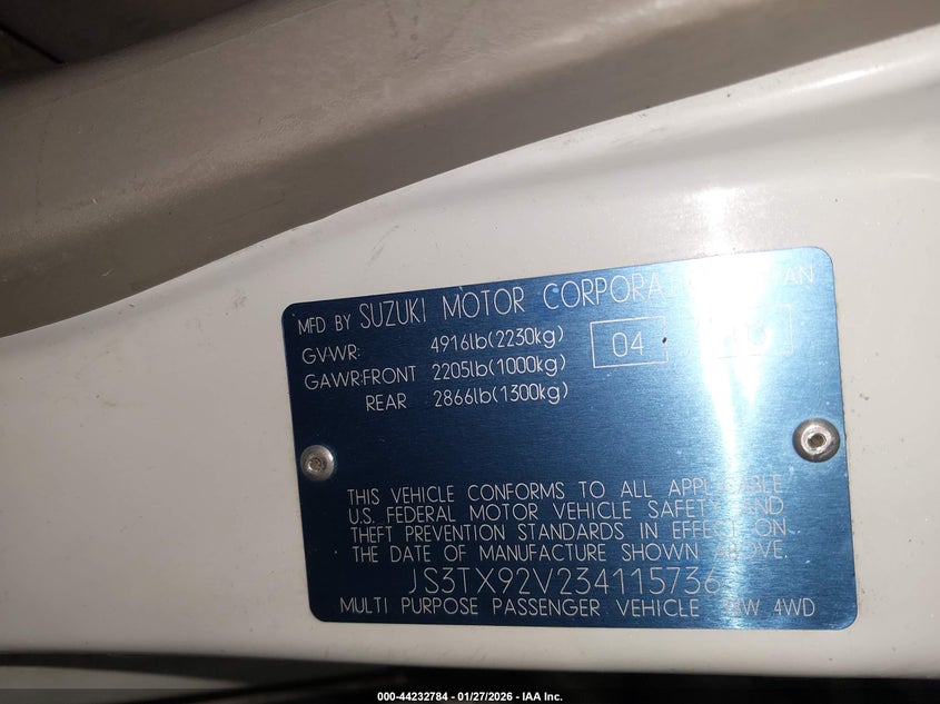 2003 Suzuki Xl-7 Ltd/Touring VIN: JS3TX92V234115736 Lot: 44232784