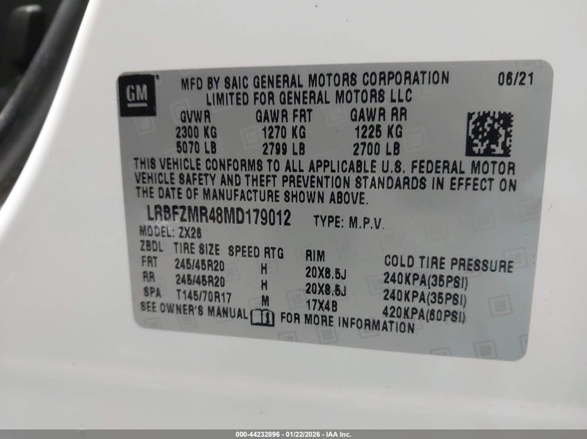 2021 Buick Envision Awd Preferred VIN: LRBFZMR48MD179012 Lot: 44232896