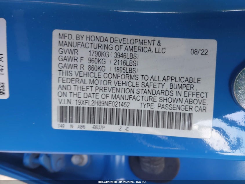 VIN 19XFL2H89NE021452 2022 HONDA CIVIC SPORT