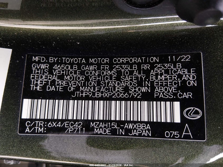 2023 Lexus Ux 250H Premium VIN: JTHP9JBHXP2066792 Lot: 44233001