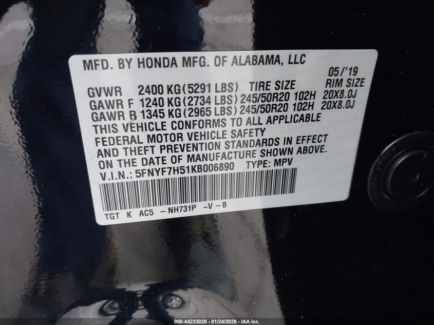 2019 Honda Passport Ex-L VIN: 5FNYF7H51KB006890 Lot: 44233026