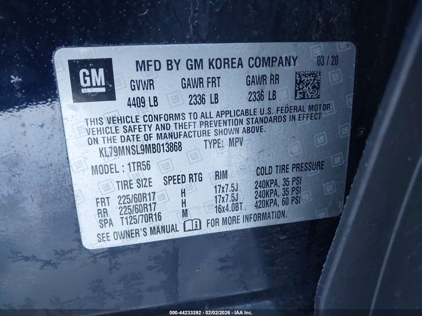 2021 Chevrolet Trailblazer Awd Ls VIN: KL79MNSL9MB013868 Lot: 44233392