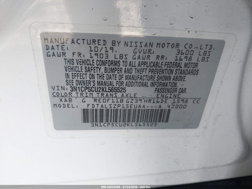 VIN 3N1CP5CU2KL565525 2019 NISSAN KICKS SV