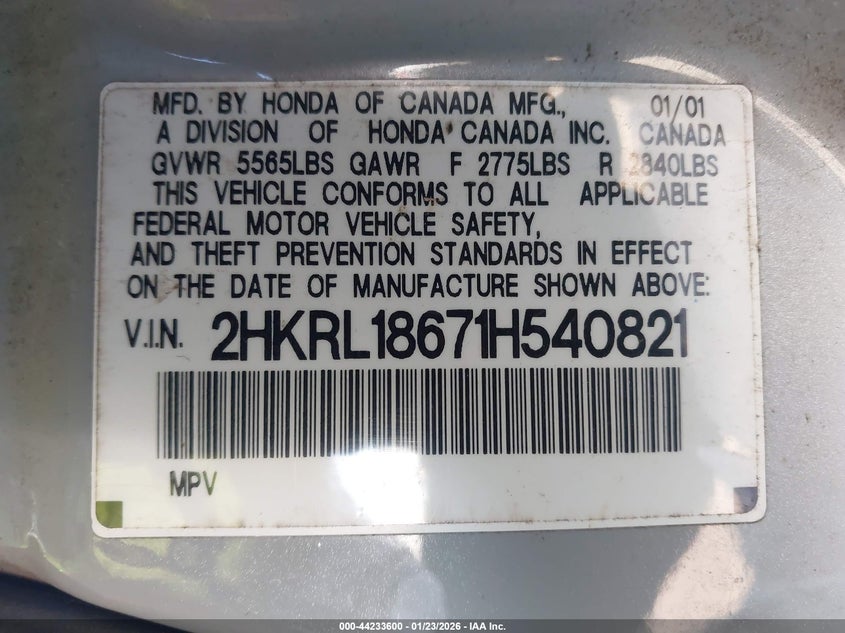 2001 Honda Odyssey Ex VIN: 2HKRL18671H540821 Lot: 44233600