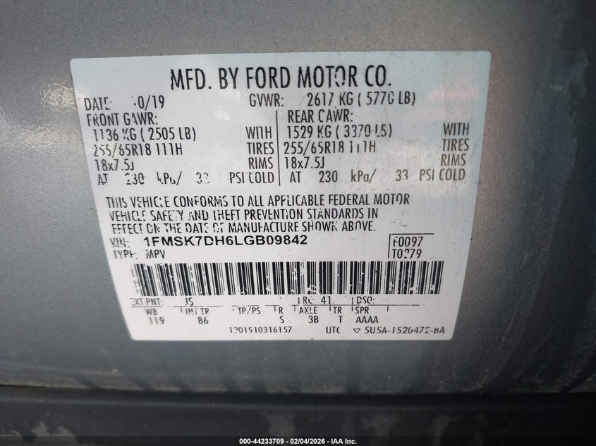 2020 Ford Explorer 2.3 Xlt grey Lot 111044233709 Vin 1FMSK7DH6LGB09842