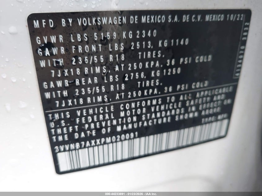 2023 Volkswagen Tiguan 2.0T Se VIN: 3VVNB7AXXPM020091 Lot: 44233891
