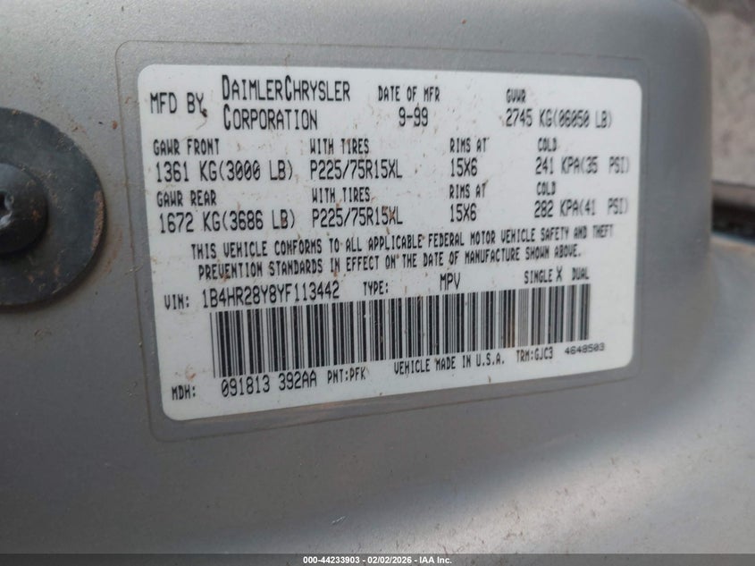 2000 Dodge Durango VIN: 1B4HR28Y8YF113442 Lot: 44233903