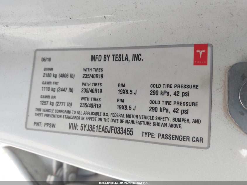 2018 Tesla Model 3 Long Range/Mid Range VIN: 5YJ3E1EA5JF033455 Lot: 44233944
