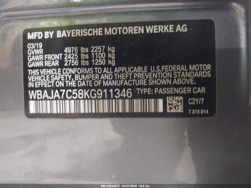 2019 BMW 530I xDrive VIN: WBAJA7C58KG911346 Lot: 44234070