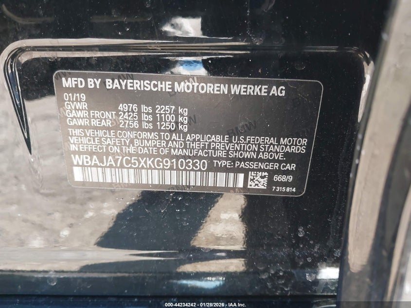 2019 BMW 530I xDrive VIN: WBAJA7C5XKG910330 Lot: 44234242