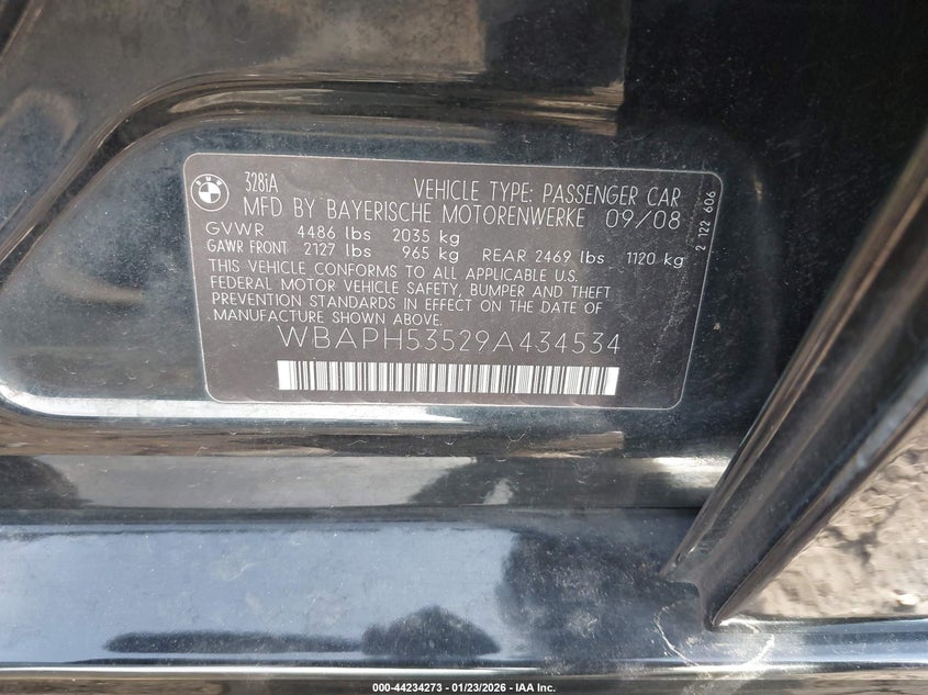 2009 BMW 328I VIN: WBAPH53529A434534 Lot: 44234273