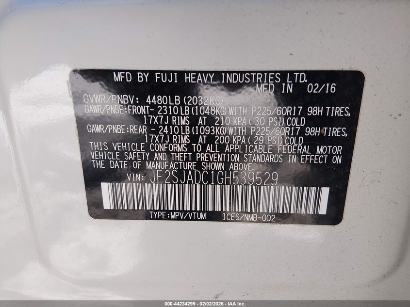 2016 Subaru Forester 2.5I Premium VIN: JF2SJADC1GH539529 Lot: 44234299