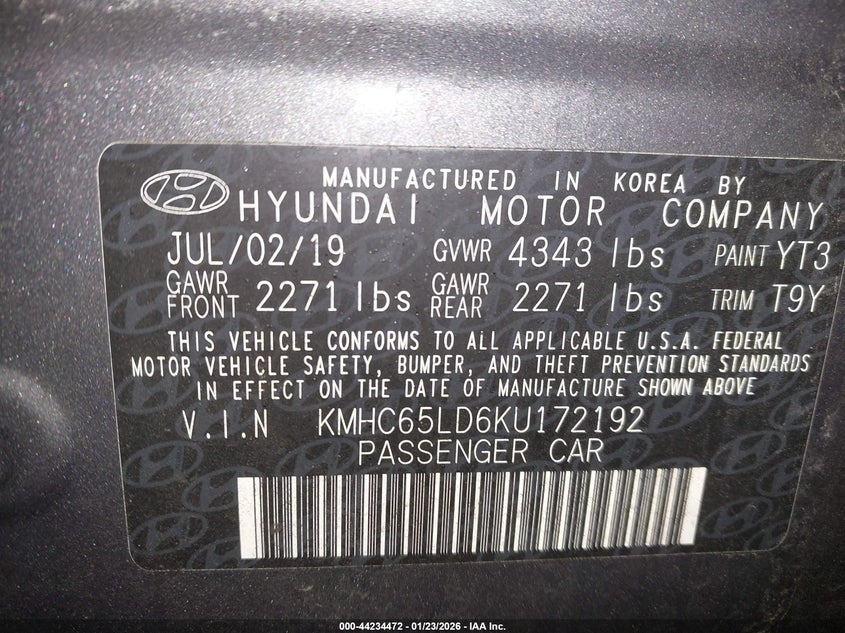 2019 Hyundai Ioniq Plug-In Hybrid VIN: KMHC65LD6KU172192 Lot: 44234472