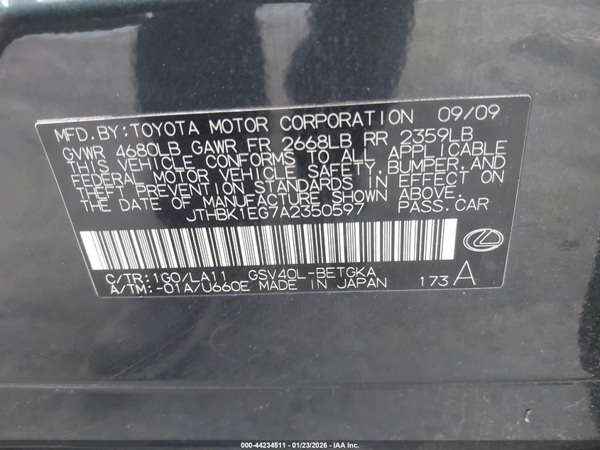 2010 Lexus Es 350 VIN: JTHBK1EG7A2350597 Lot: 44234511