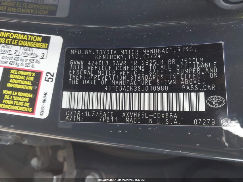 VIN 4T1DBADK3SU010980 2025 TOYOTA CAMRY SE