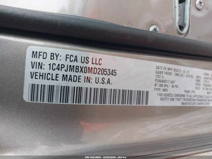 VIN 1C4PJMBX0MD205345 2021 JEEP CHEROKEE TRAILHAWK 4X4