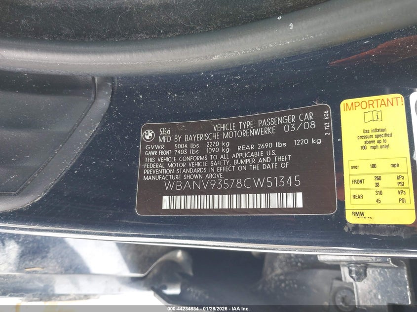 2008 BMW 535Xi VIN: WBANV93578CW51345 Lot: 44234834