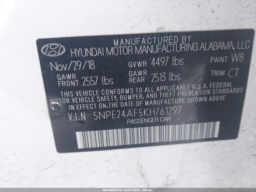 VIN 5NPE24AF5KH761297 2019 HYUNDAI SONATA SE