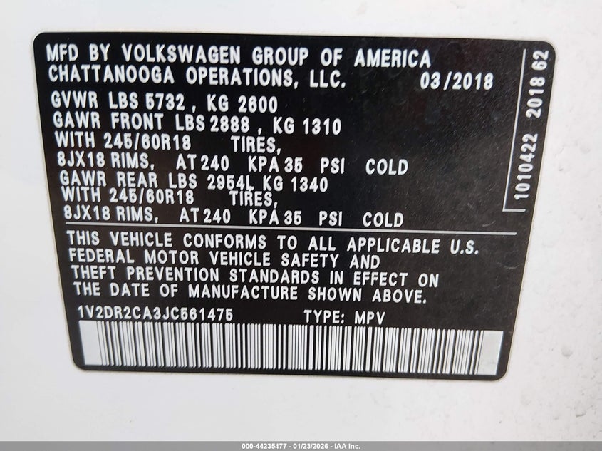 VIN 1V2DR2CA3JC561475 2018 VOLKSWAGEN ATLAS 3.6L V6 SE/3.6L V6 SE W/TECHNOLOGY
