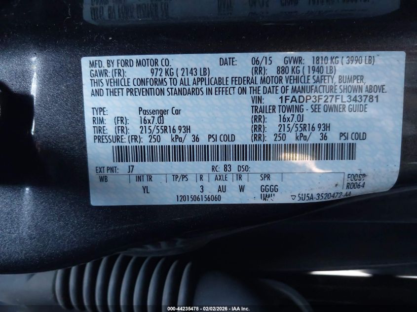 2015 Ford Focus Se VIN: 1FADP3F27FL343781 Lot: 44235478