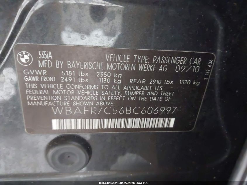 2011 BMW 535I VIN: WBAFR7C56BC606997 Lot: 44235531