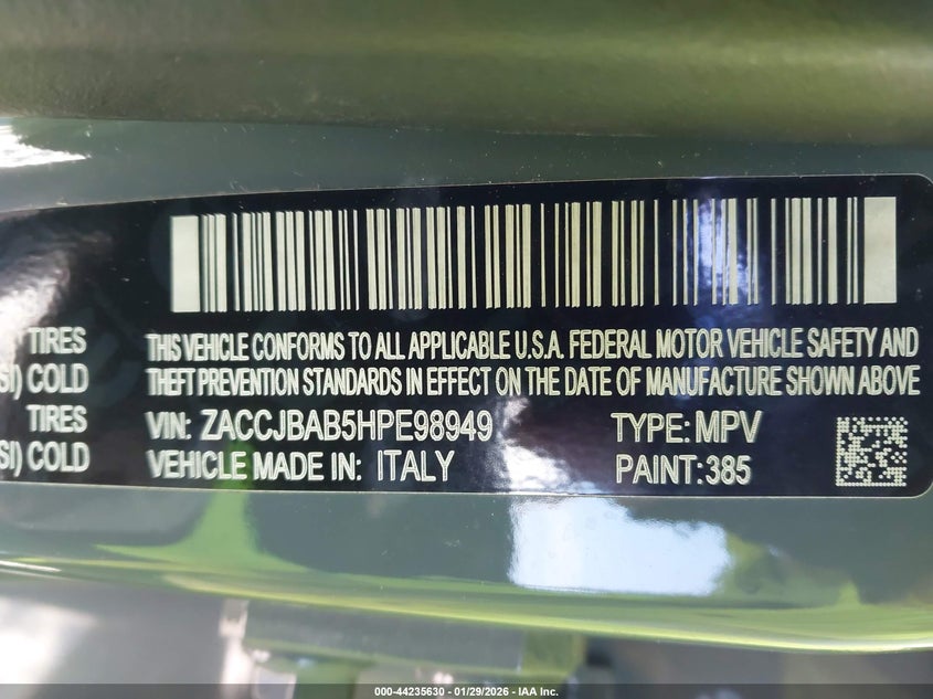VIN ZACCJBAB5HPE98949 2017 JEEP RENEGADE SPORT 4X4