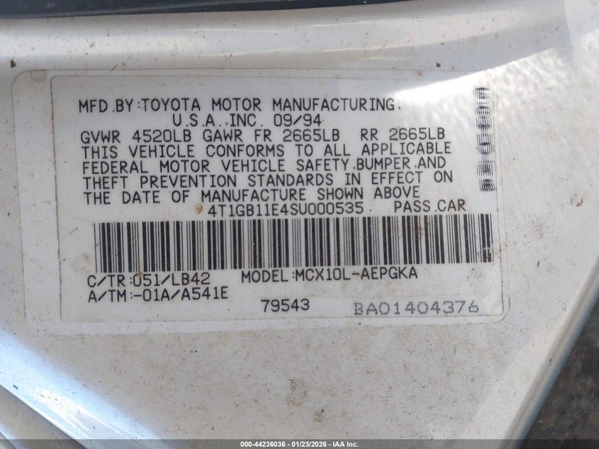 1995 Toyota Avalon Xls VIN: 4T1GB11E4SU000535 Lot: 44236036