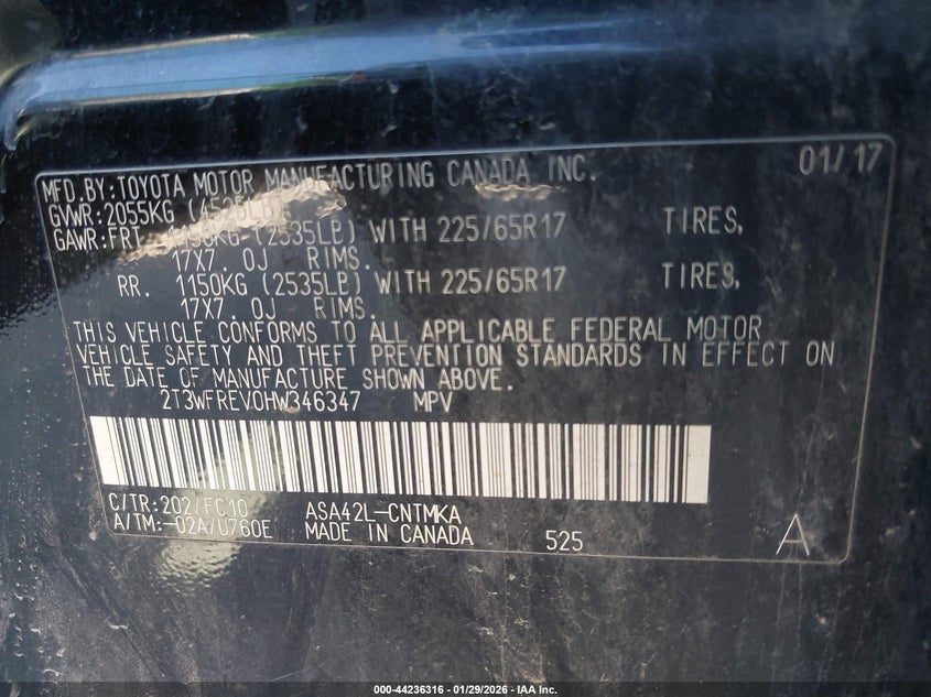 2017 Toyota Rav4 Xle VIN: 2T3WFREV0HW346347 Lot: 44236316