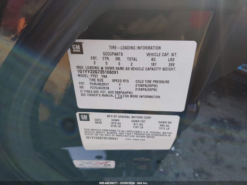 2003 Chevrolet Corvette VIN: 1G1YY22G735106091 Lot: 44236377