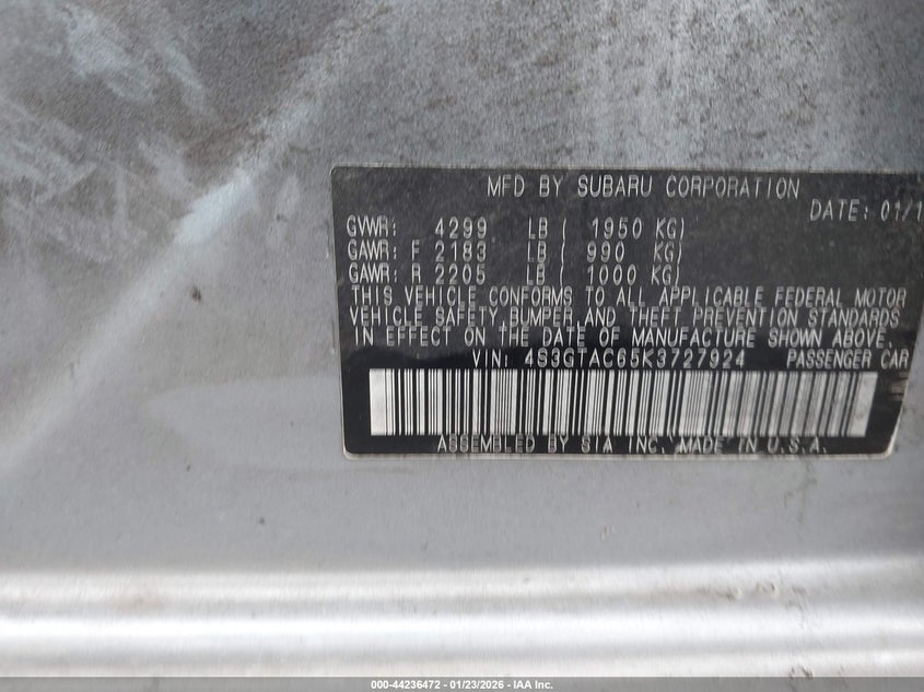 VIN 4S3GTAC65K3727924 2019 SUBARU IMPREZA 2.0I PREMIUM