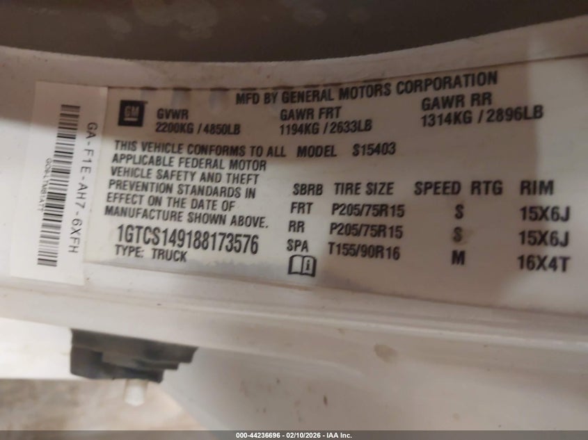 2008 GMC Canyon Yc1 VIN: 1GTCS149188173576 Lot: 44236696