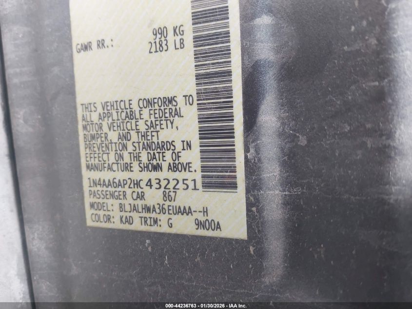 2017 Nissan Maxima 3.5 Platinum VIN: 1N4AA6AP2HC432251 Lot: 44236763