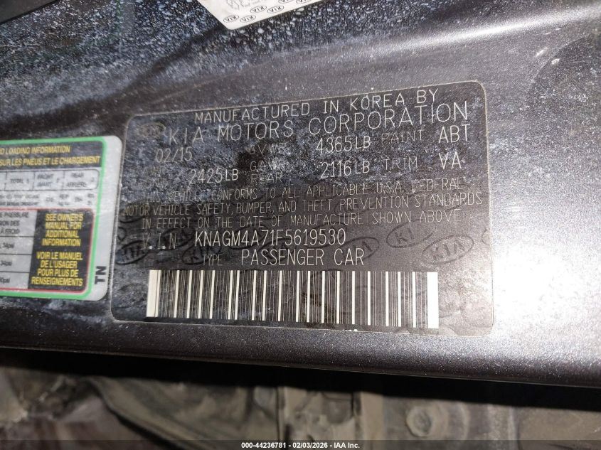 2015 Kia Optima Lx VIN: KNAGM4A71F5619530 Lot: 44236781