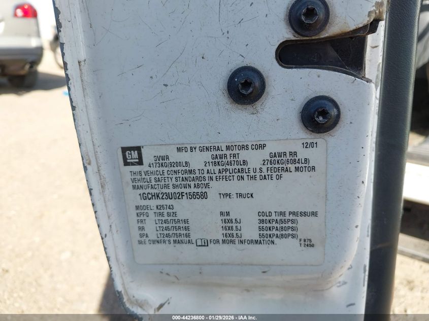 2002 Chevrolet Silverado 2500Hd Lt VIN: 1GCHK23U02F156580 Lot: 44236800