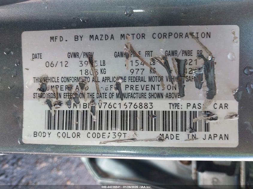 2012 Mazda 3 2.0 I Touring blue Lot 111044236841 Vin JM1BL1V76C1676883