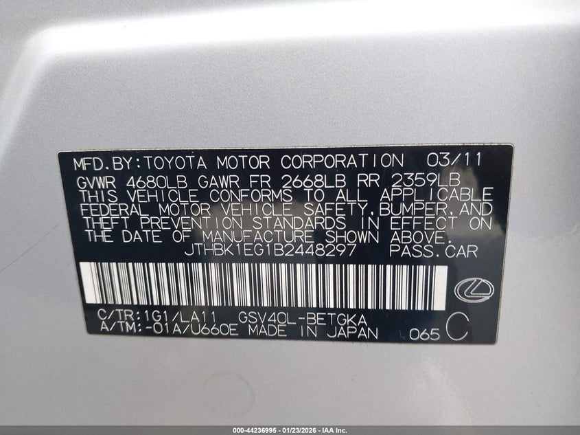 2011 Lexus Es 350 VIN: JTHBK1EG1B2448297 Lot: 44236995