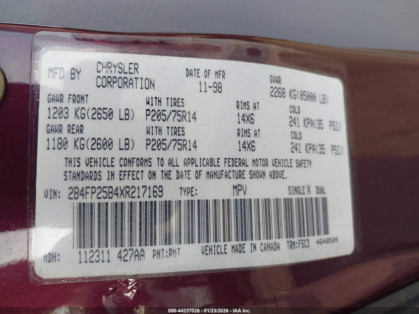 1999 Dodge Caravan VIN: 2B4FP25B4XR217169 Lot: 44237026