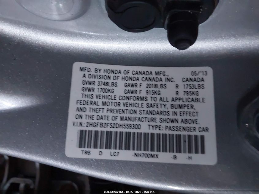 2013 Honda Civic Lx VIN: 2HGFB2F52DH559300 Lot: 44237164