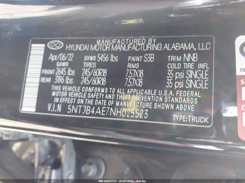 VIN 5NTJB4AE7NH025523 2022 HYUNDAI SANTA CRUZ SEL