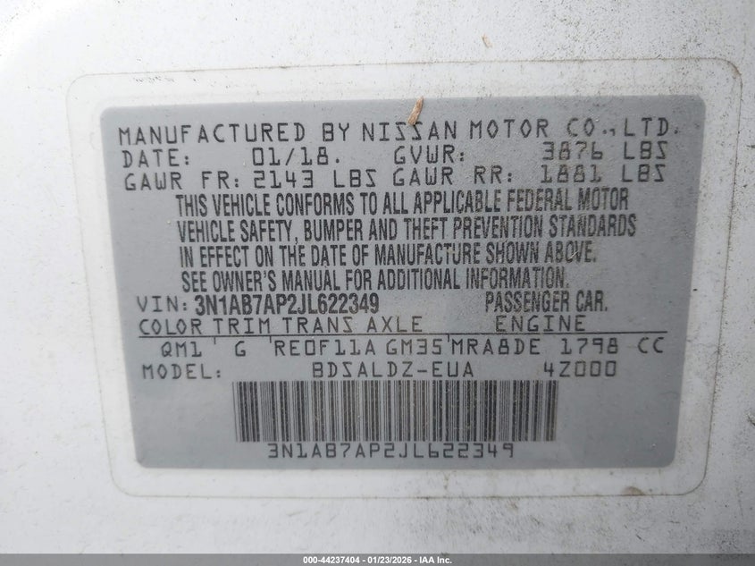 VIN 3N1AB7AP2JL622349 2018 NISSAN SENTRA SV