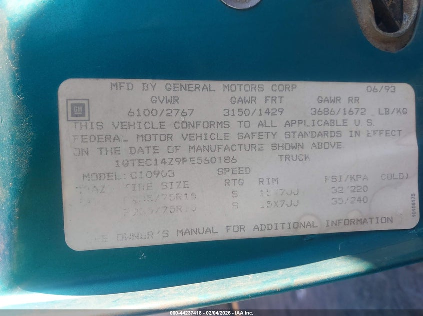 1993 GMC Sierra C1500 VIN: 1GTEC14Z9PE560186 Lot: 44237418