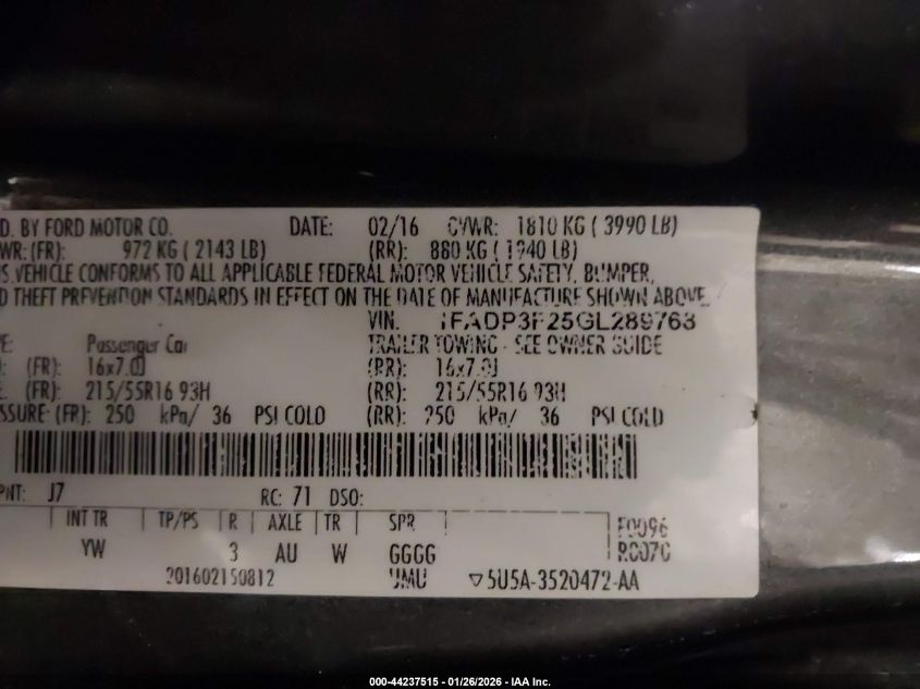 2016 Ford Focus Se VIN: 1FADP3F25GL289768 Lot: 44237515