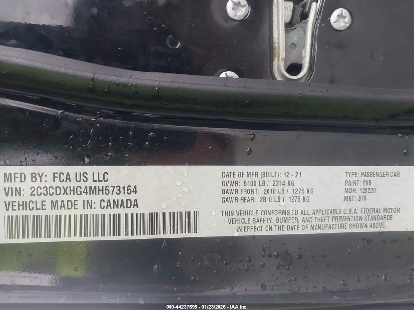 VIN 2C3CDXHG4MH673164 2021 DODGE CHARGER GT RWD
