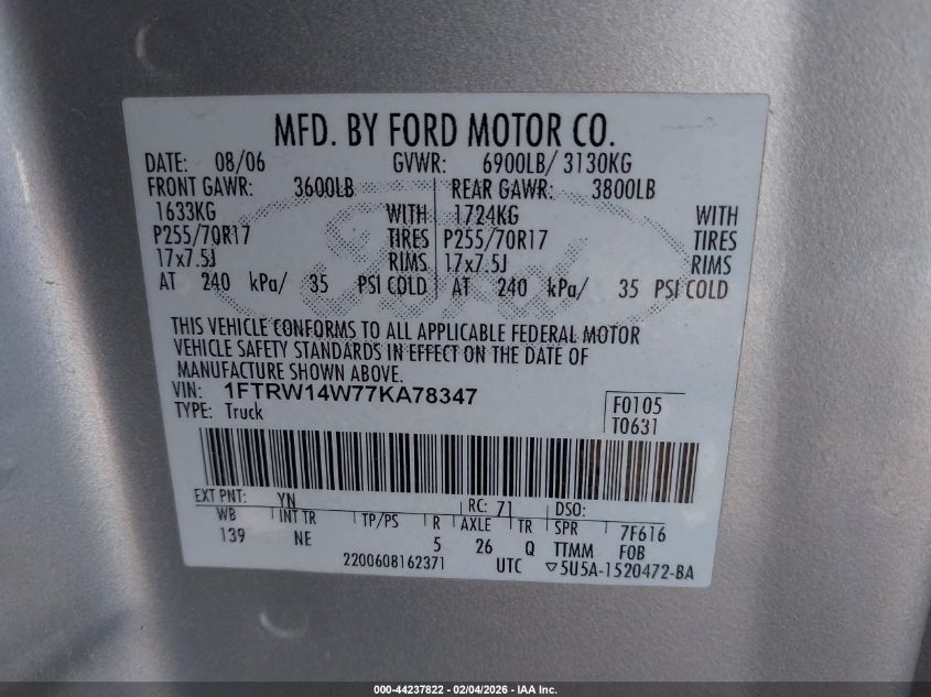 2007 Ford F-150 Xlt VIN: 1FTRW14W77KA78347 Lot: 44237822