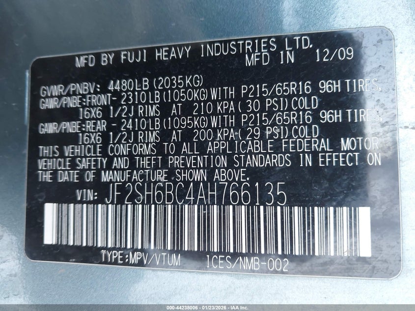 2010 Subaru Forester 2.5X VIN: JF2SH6BC4AH766135 Lot: 44238006