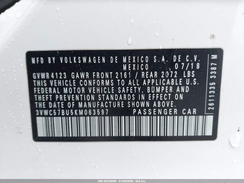 VIN 3VWC57BU5KM063597 2019 VOLKSWAGEN JETTA 1.4T R-LINE/1.4T S/1.4T SE