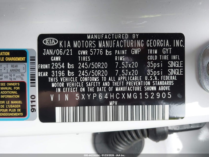 VIN 5XYP64HCXMG152905 2021 KIA TELLURIDE S